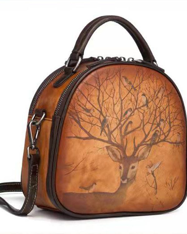 Unique Chocolate animal Paitings Calf Leather Tote Handbag