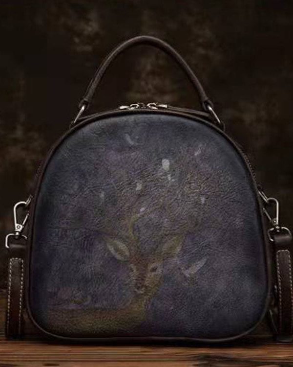 Unique Chocolate animal Paitings Calf Leather Tote Handbag