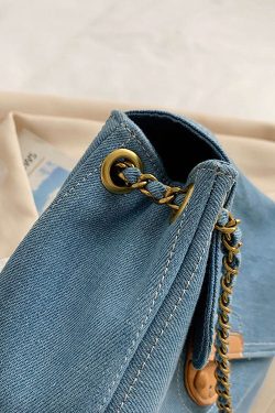 Unique Denim Blue Patchwork Chain Canvas Satchel Handbag