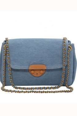 Unique Denim Blue Patchwork Chain Canvas Satchel Handbag