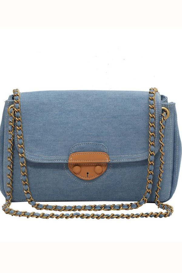 Unique Denim Blue Patchwork Chain Canvas Satchel Handbag