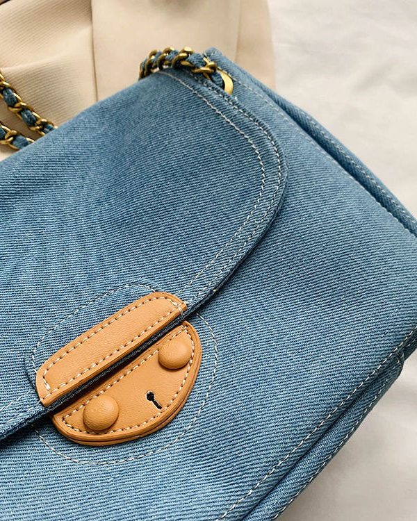 Unique Denim Blue Patchwork Chain Canvas Satchel Handbag