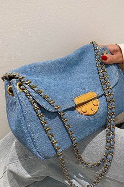 Unique Denim Blue Patchwork Chain Canvas Satchel Handbag
