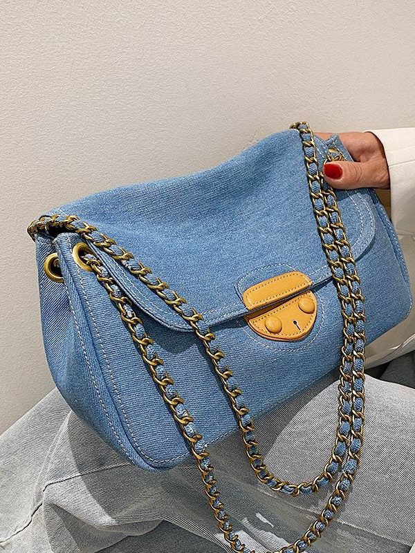 Unique Denim Blue Patchwork Chain Canvas Satchel Handbag