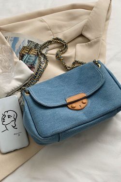 Unique Denim Blue Patchwork Chain Canvas Satchel Handbag