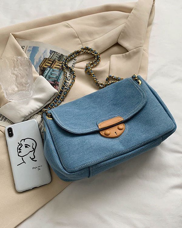 Unique Denim Blue Patchwork Chain Canvas Satchel Handbag