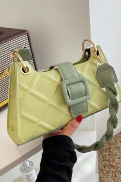 Unique Green Faux Leather Zip Up Patchwork Buckle Messenger Bag