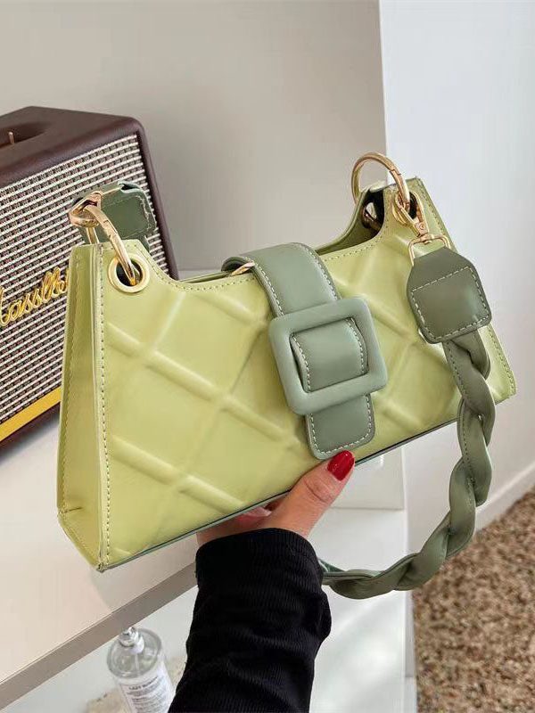 Unique Green Faux Leather Zip Up Patchwork Buckle Messenger Bag