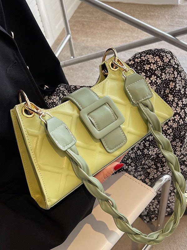 Unique Green Faux Leather Zip Up Patchwork Buckle Messenger Bag