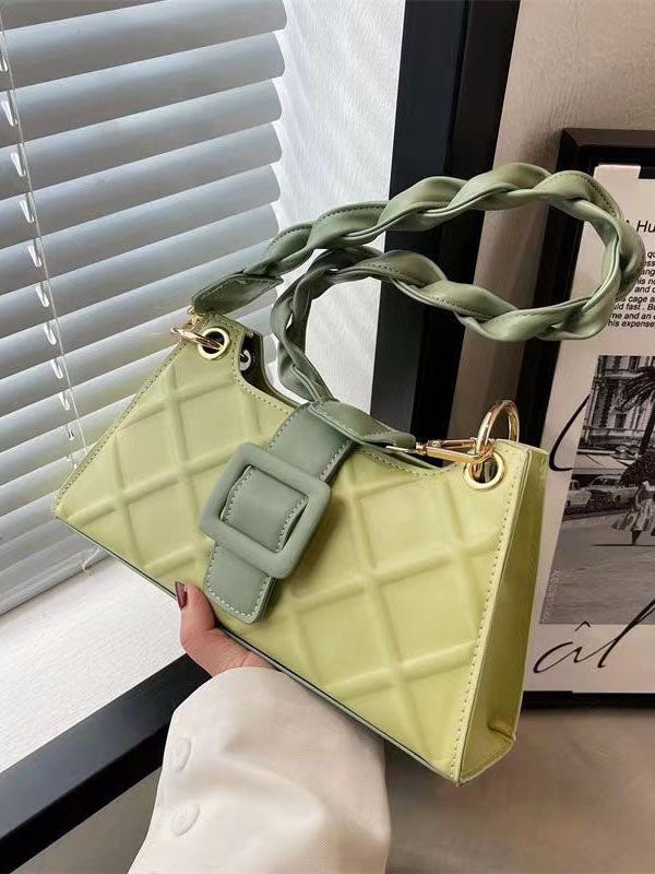 Unique Green Faux Leather Zip Up Patchwork Buckle Messenger Bag