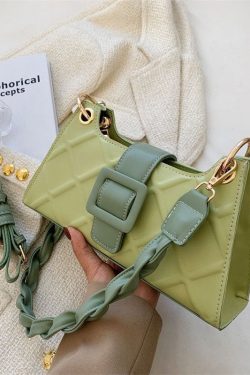 Unique Green Faux Leather Zip Up Patchwork Buckle Messenger Bag