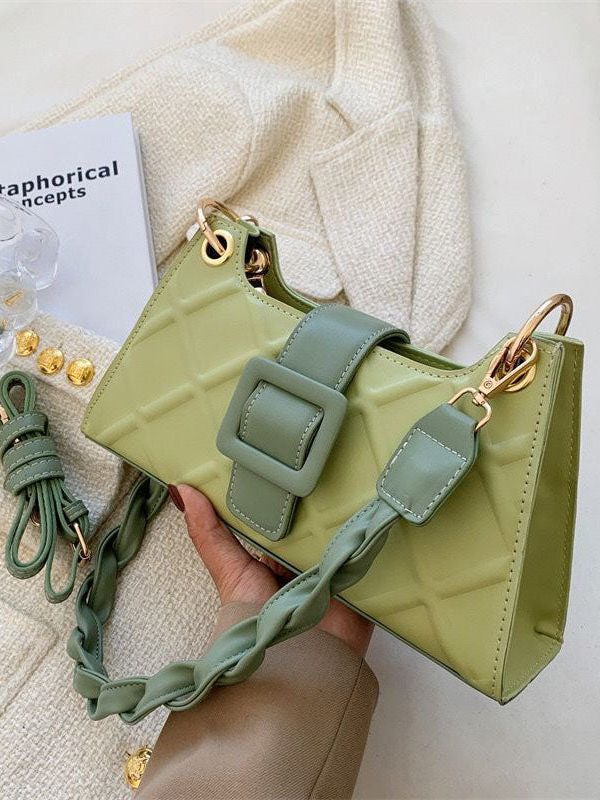 Unique Green Faux Leather Zip Up Patchwork Buckle Messenger Bag