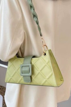 Unique Green Faux Leather Zip Up Patchwork Buckle Messenger Bag