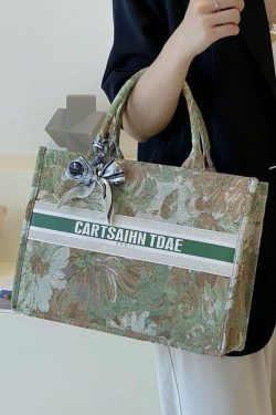 Unique Green Paitings Patchwork Canvas Satchel Handbag