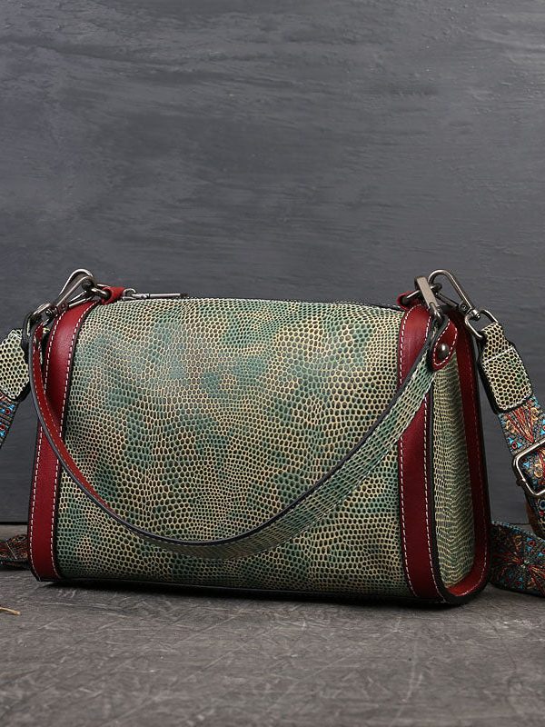 Unique Green Serpentine Calf Leather Satchel Handbag