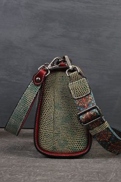 Unique Green Serpentine Calf Leather Satchel Handbag