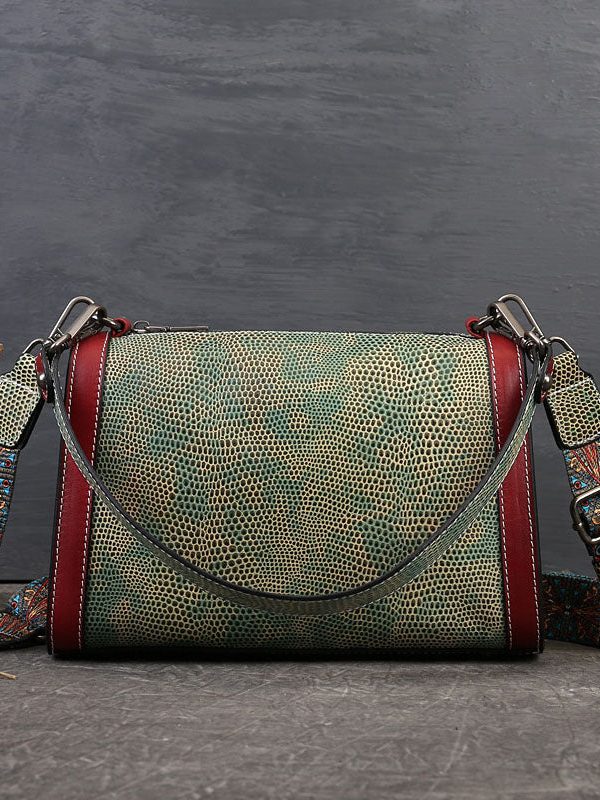 Unique Green Serpentine Calf Leather Satchel Handbag