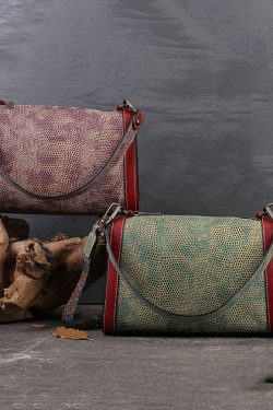 Unique Green Serpentine Calf Leather Satchel Handbag