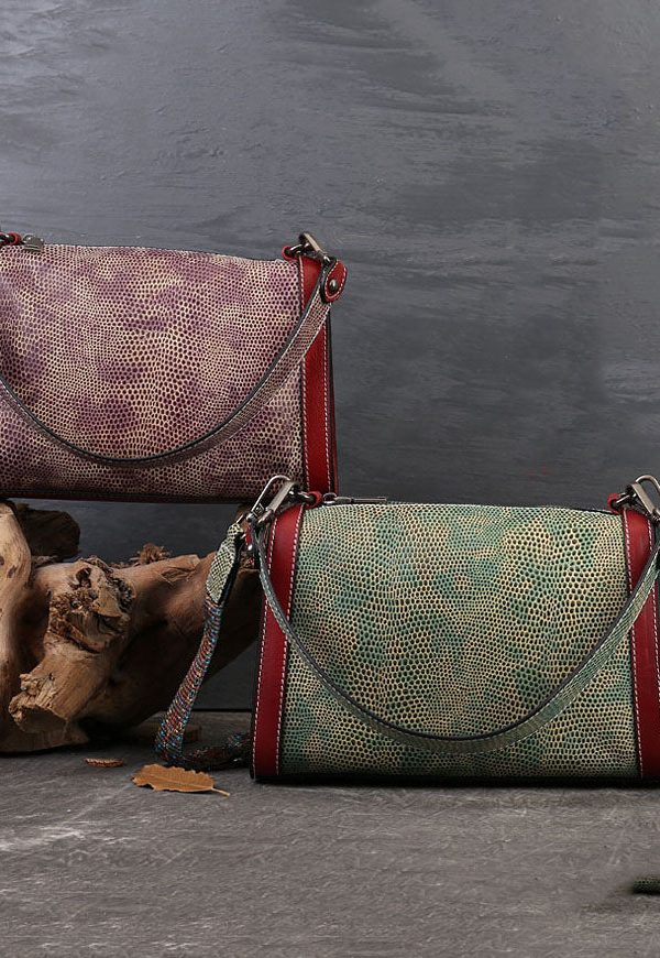 Unique Green Serpentine Calf Leather Satchel Handbag