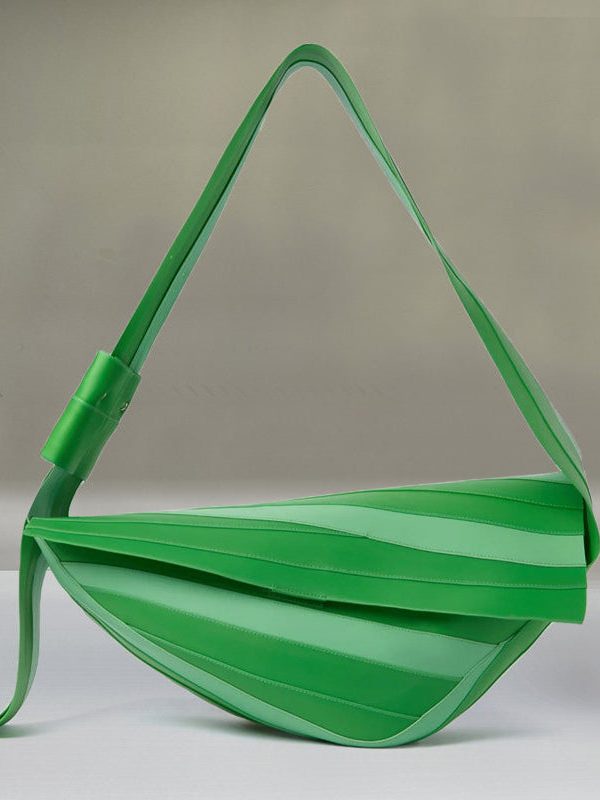Unique Green Striped Asymmetrical Design Faux Leather Shoulder Handbag