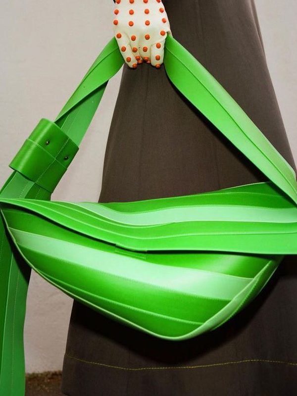 Unique Green Striped Asymmetrical Design Faux Leather Shoulder Handbag