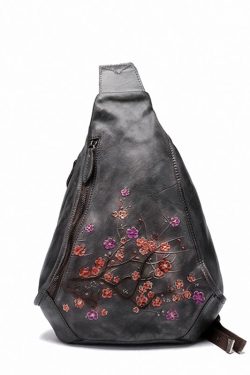 Unique Grey Plum Blossom Jacquard Calf Leather Backpack Bag