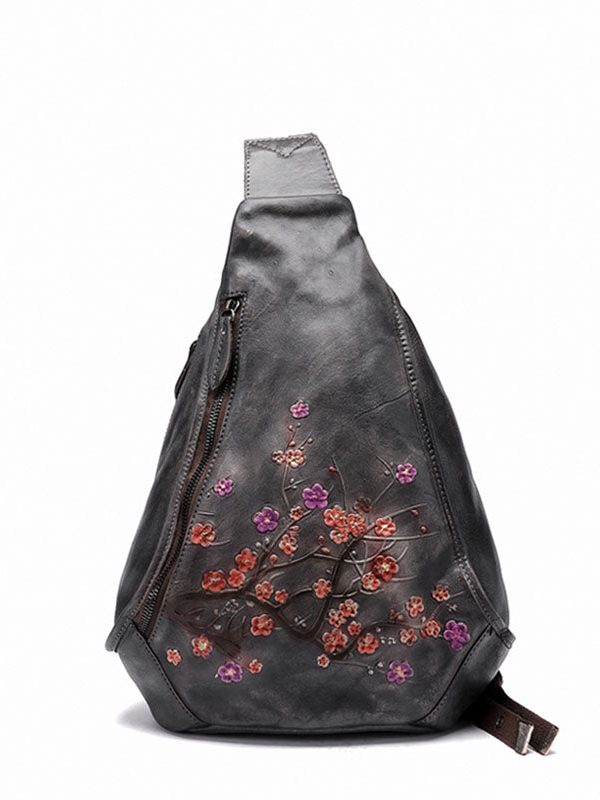 Unique Grey Plum Blossom Jacquard Calf Leather Backpack Bag