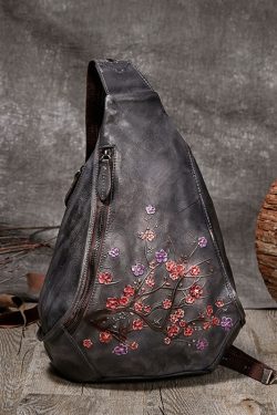 Unique Grey Plum Blossom Jacquard Calf Leather Backpack Bag