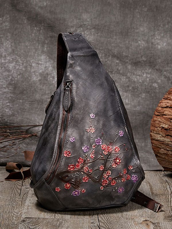 Unique Grey Plum Blossom Jacquard Calf Leather Backpack Bag