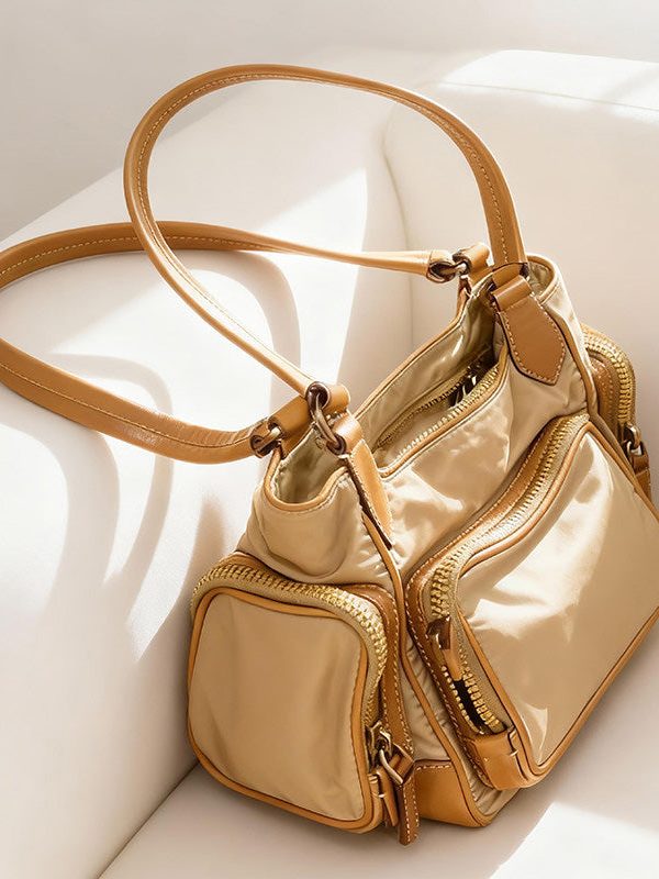 Unique Khaki Nylon Pockets Shoulder Bag