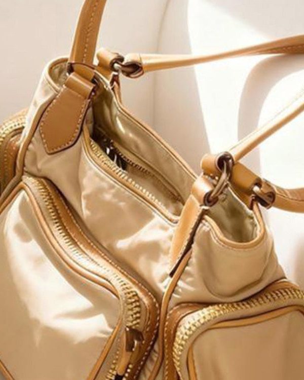 Unique Khaki Nylon Pockets Shoulder Bag