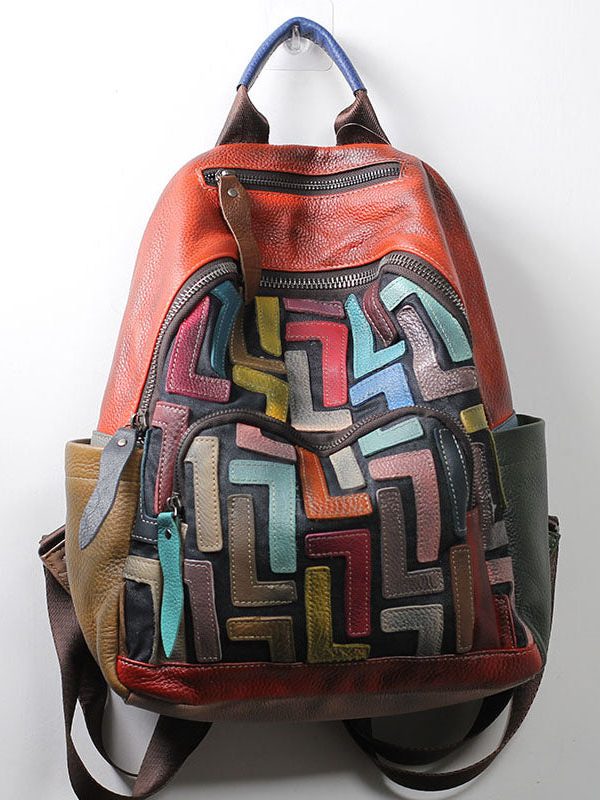 Unique Light Green Patchwork Applique Calf Leather Backpack Bag