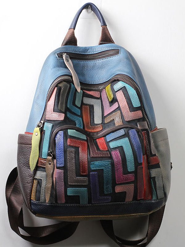 Unique Light Green Patchwork Applique Calf Leather Backpack Bag