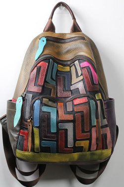 Unique Light Green Patchwork Applique Calf Leather Backpack Bag