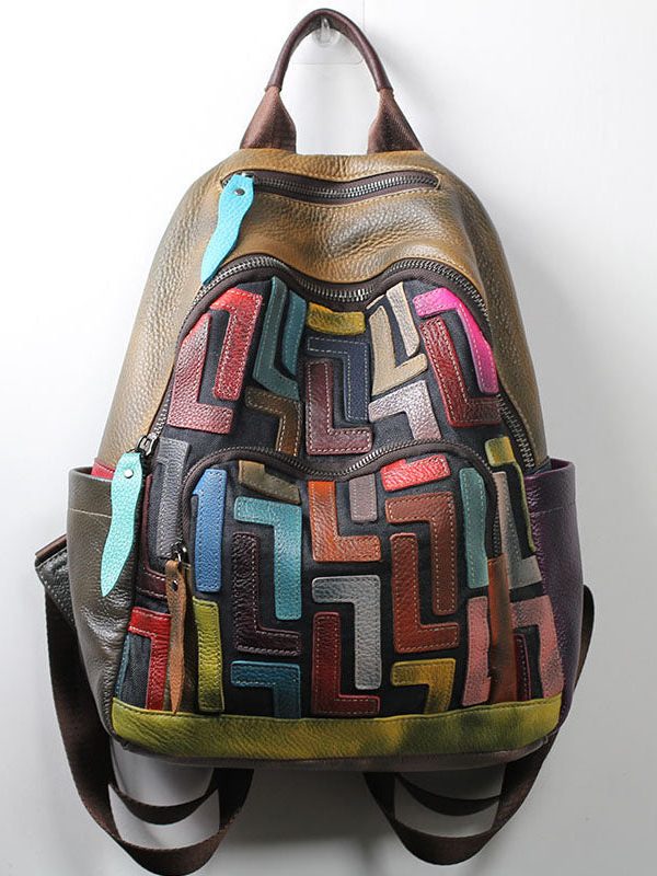 Unique Light Green Patchwork Applique Calf Leather Backpack Bag