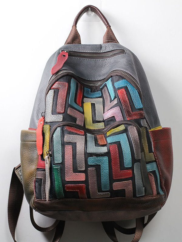 Unique Light Green Patchwork Applique Calf Leather Backpack Bag