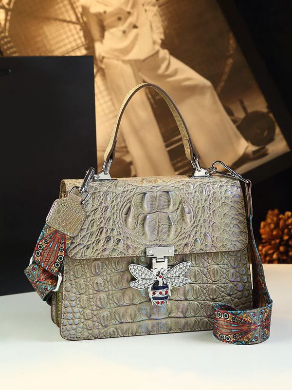 Unique Purple Butterfly Embossed Calf Leather Tote Satchel Handbag