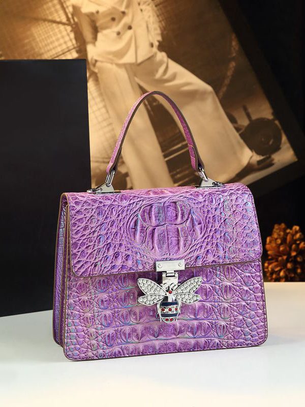 Unique Purple Butterfly Embossed Calf Leather Tote Satchel Handbag