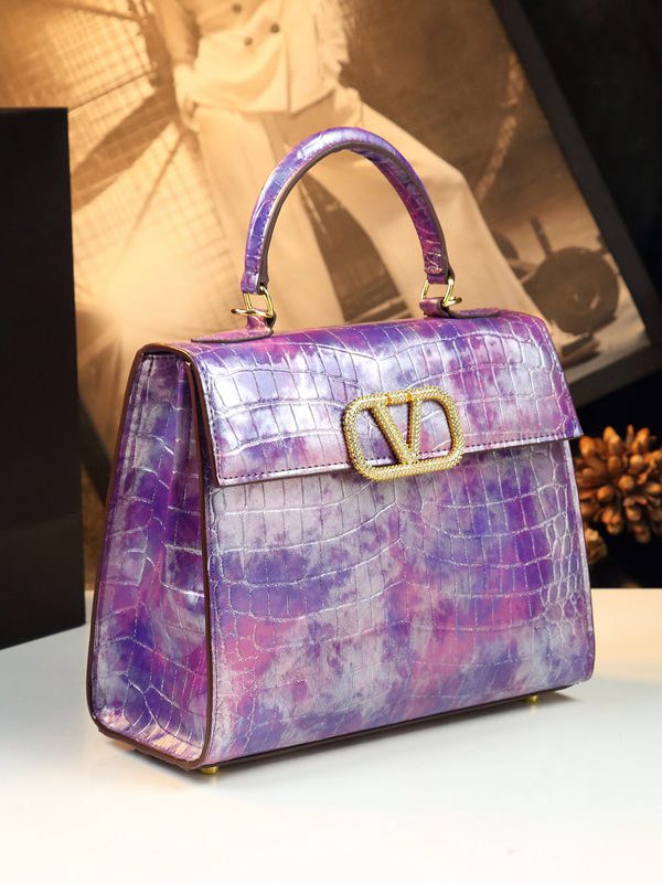 Unique Purple Embossed Solid Durable Calf Leather Tote Handbag