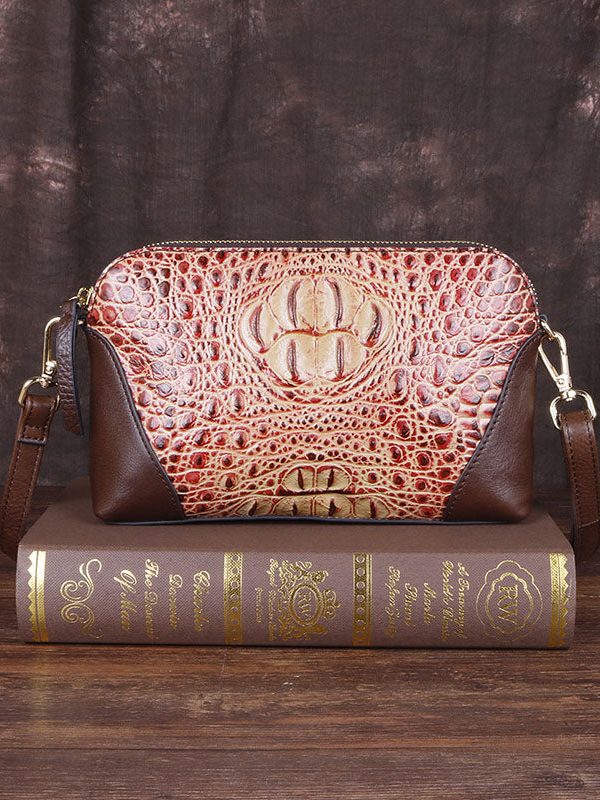 Unique Red Crocodile pattern Paitings Calf Leather Satchel Handbag