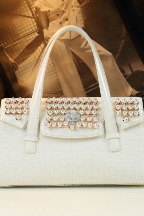 Unique White Alligator Pattern Zircon Faux Leather Tote Handbag