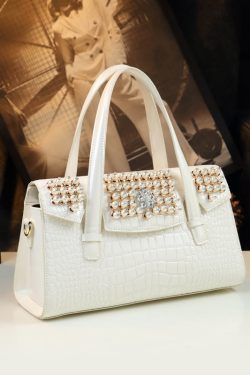 Unique White Alligator Pattern Zircon Faux Leather Tote Handbag