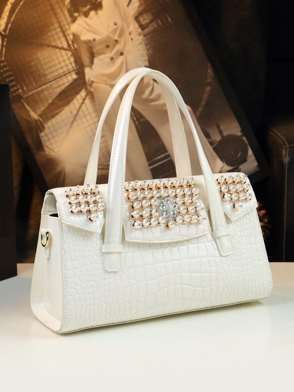 Unique White Alligator Pattern Zircon Faux Leather Tote Handbag