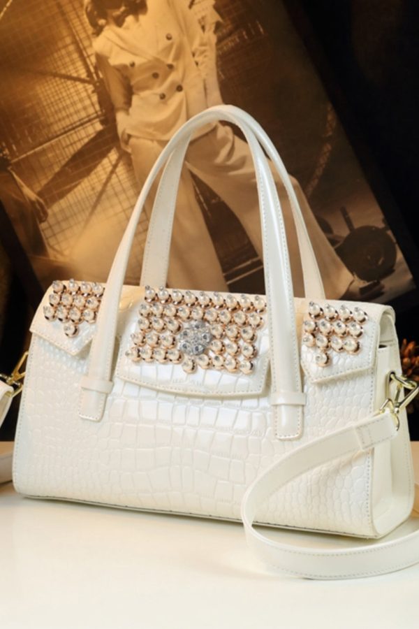 Unique White Alligator Pattern Zircon Faux Leather Tote Handbag