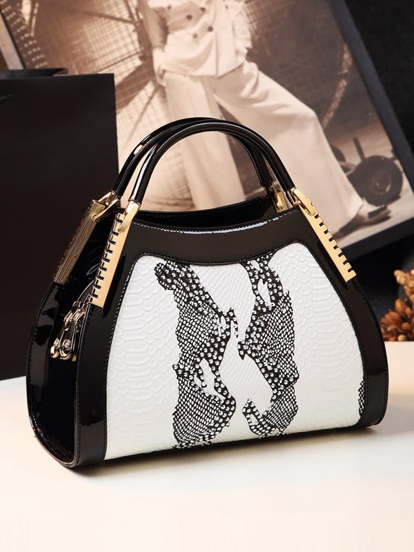 Unique White Embossed Zircon Calf Leather Tote Handbag