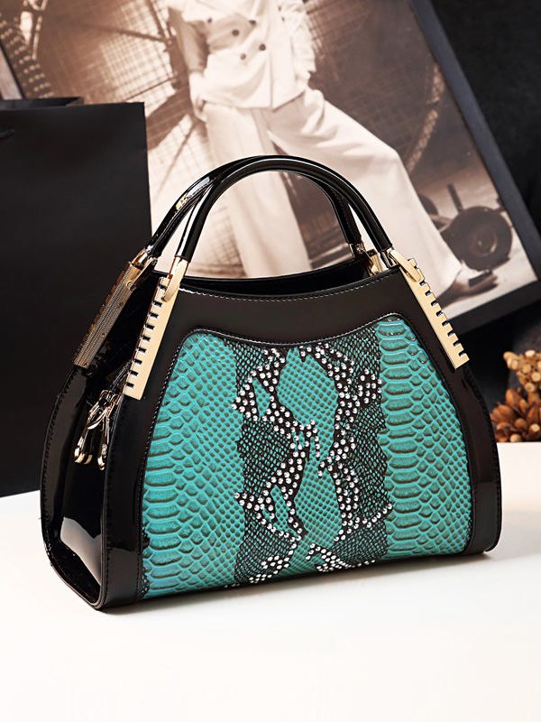 Unique White Embossed Zircon Calf Leather Tote Handbag