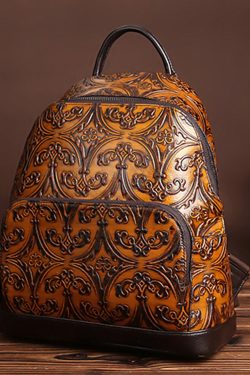 Unique Yellow Embossed Large Capacity Calf Leather Backpack Bag