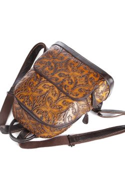 Unique Yellow Embossed Large Capacity Calf Leather Backpack Bag
