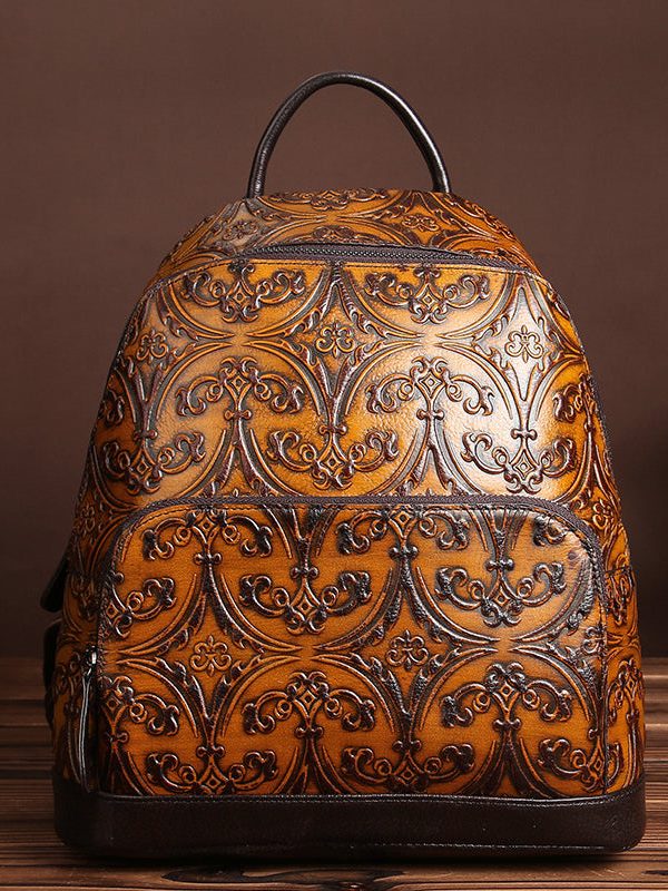Unique Yellow Embossed Large Capacity Calf Leather Backpack Bag