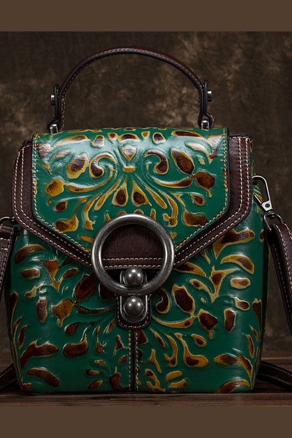 Unique Yellow Embossing Paitings Calf Leather Backpack Bag